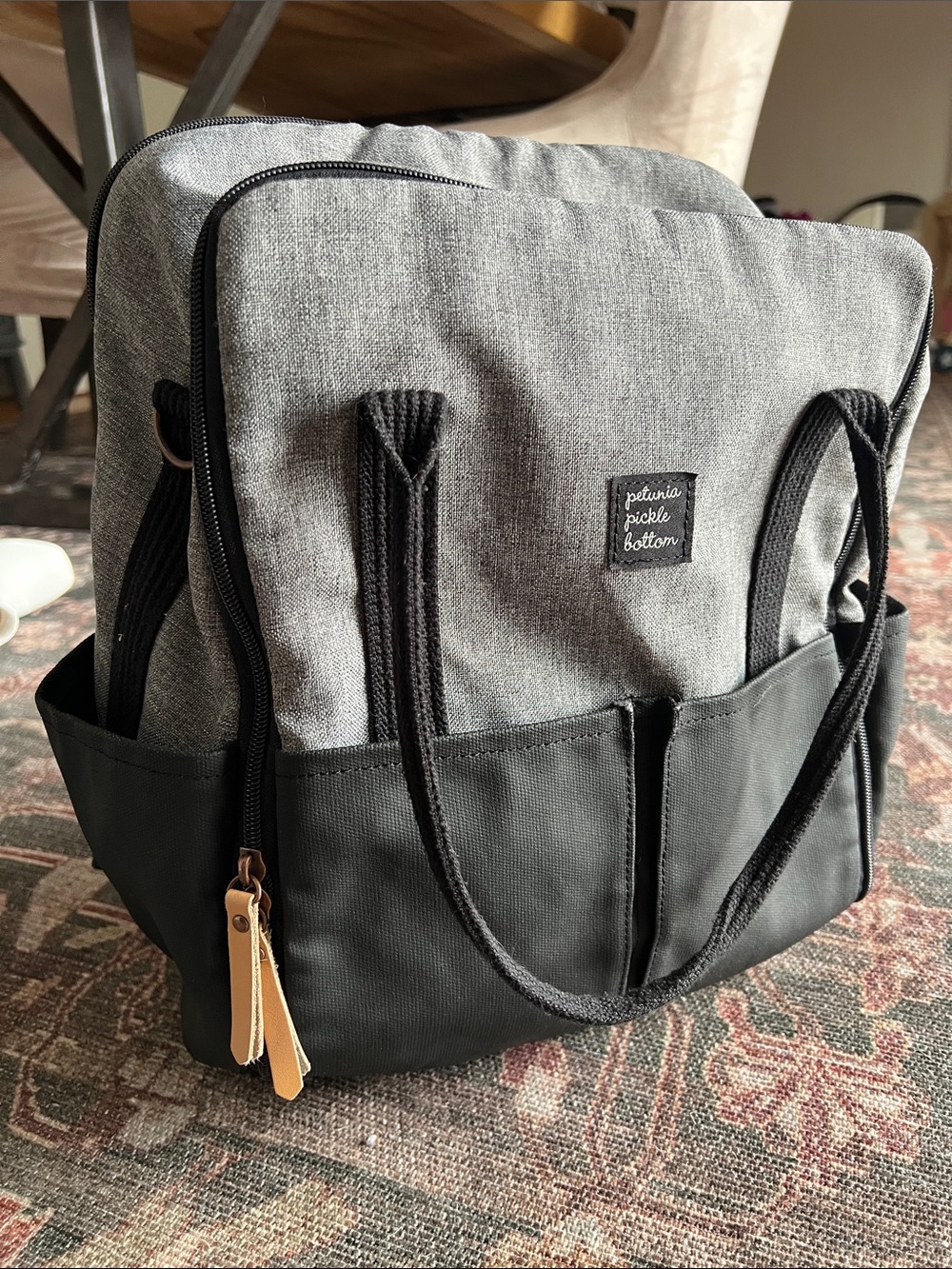 Petunia Pickle Bottom Gray and Black Convertible Tote Backpack Baby Bag